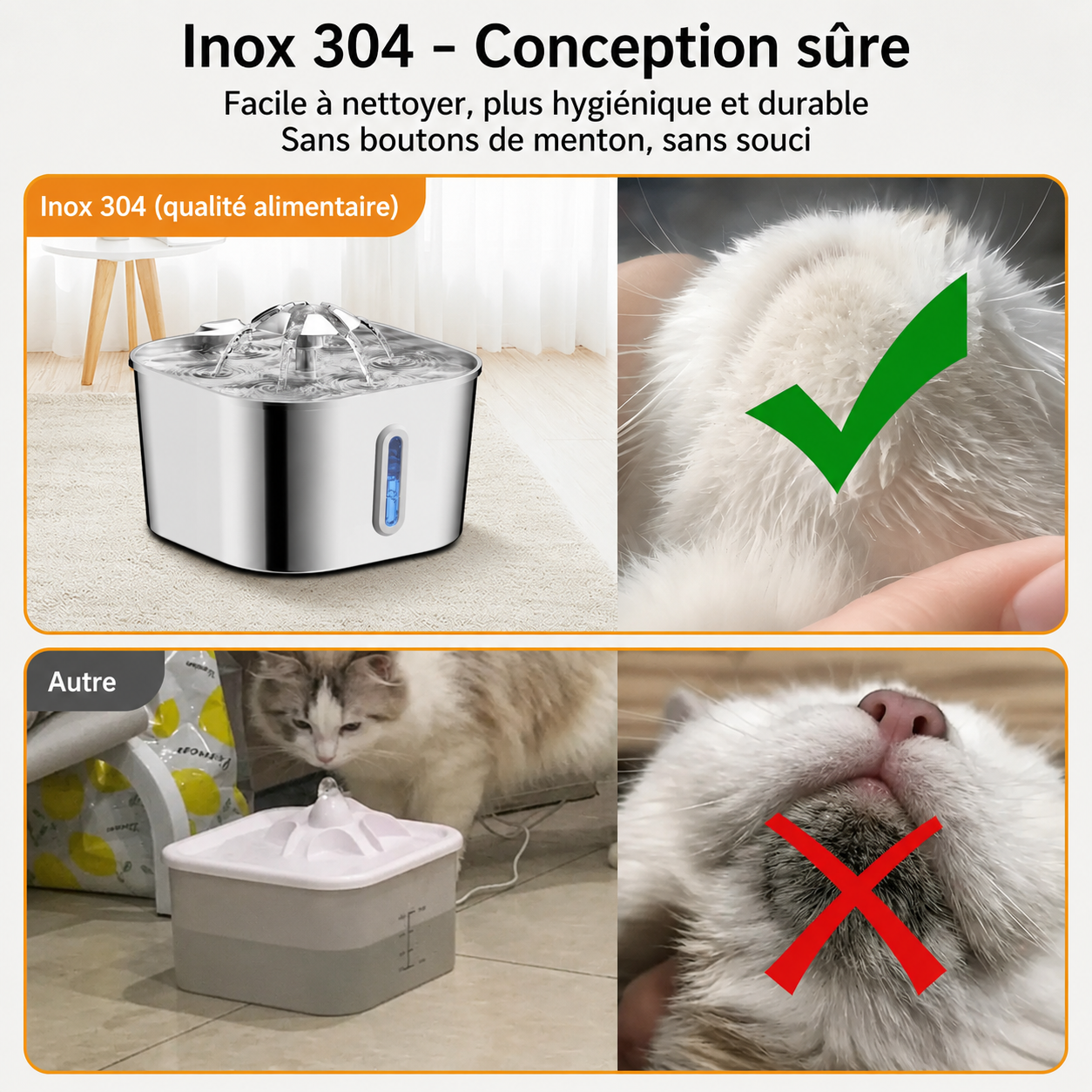 Fontaine à eau en inox 304, indicateur bleu, vue rapprochée avec eau qui s’écoule.