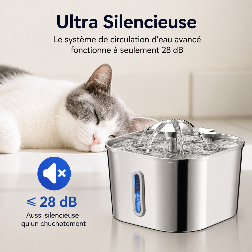 Fontaine à eau inox, indicateur bleu, chat buvant au bord de l’eau.