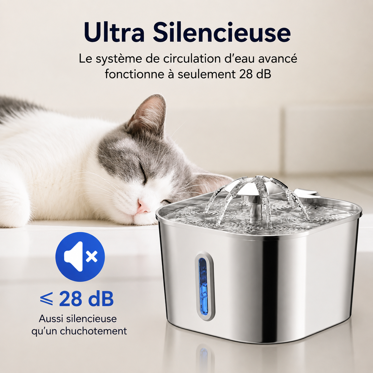 Fontaine à eau inox, indicateur bleu, chat buvant au bord de l’eau.