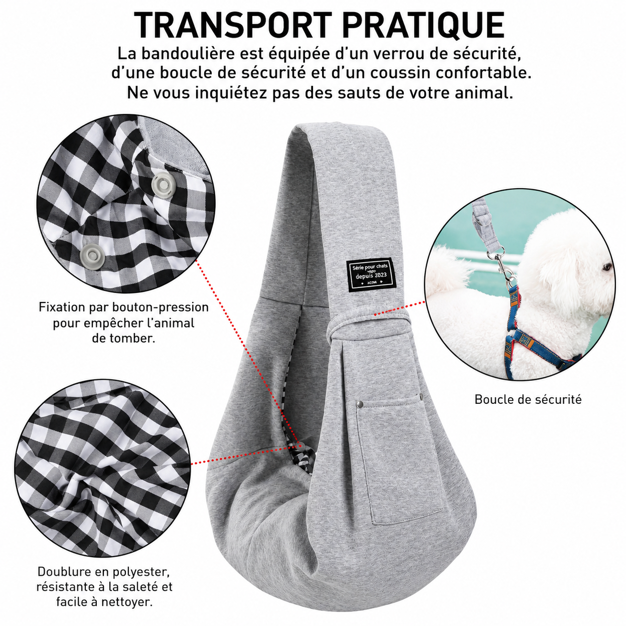 Écharpe de portage mains libres grise avec boucles de sécurité et poche intérieure