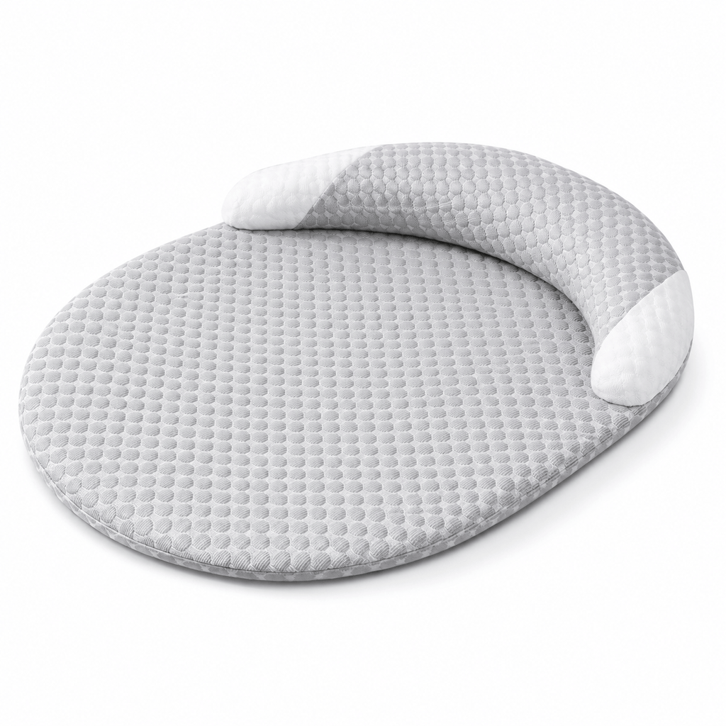 Coussin ovale gris clair pour animaux, rebord arrondi avec deux coussinets