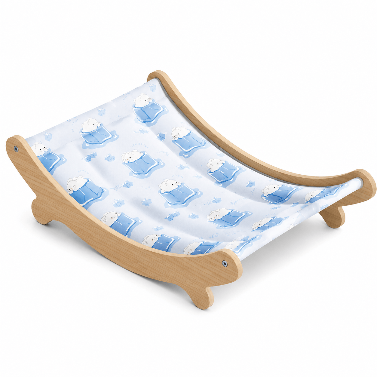 Hamac pour chat bleu clair à motif de chats, cadre en bois clair.