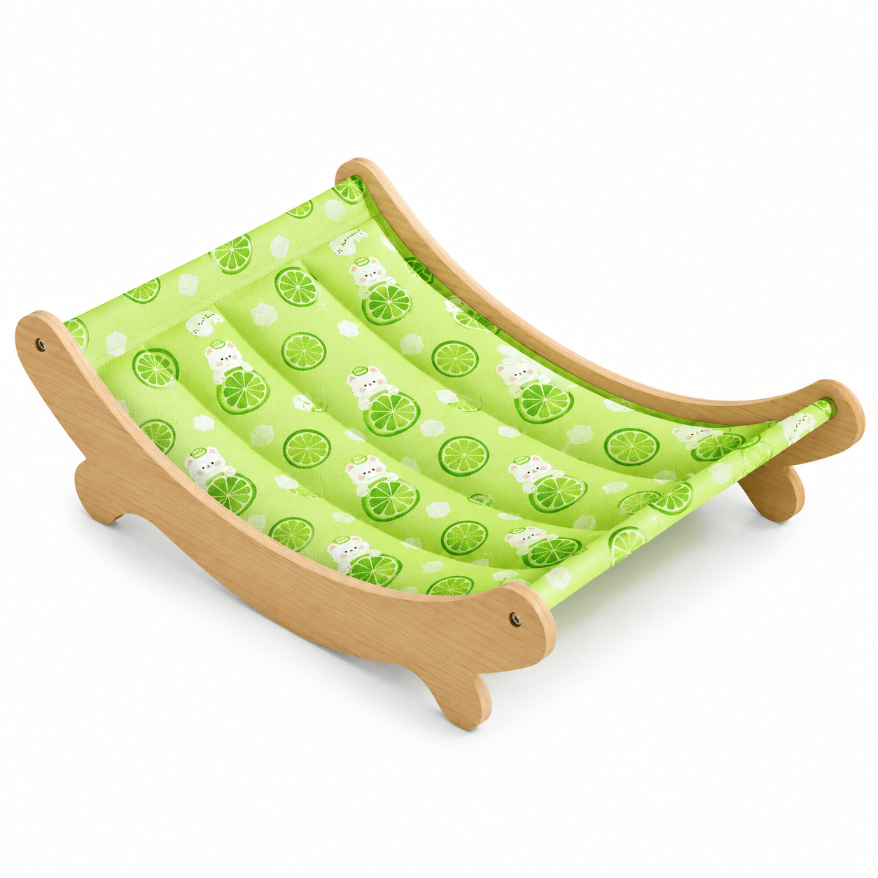 Hamac pour chat vert à motif de chats, cadre en bois clair.