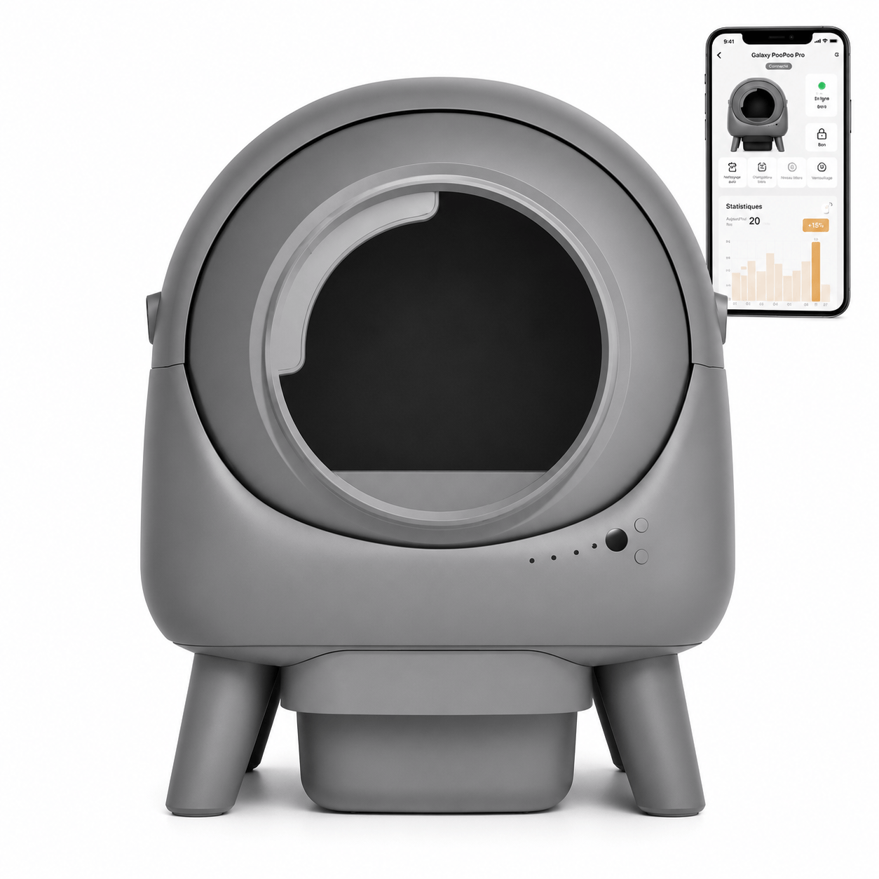 Boîte à litière automatique grise avec ouverture circulaire et trois pieds