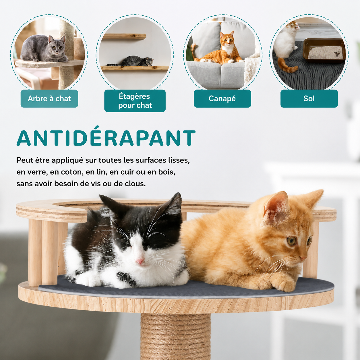 Tapis antidérapant autocollant pour chat, surface sombre, forme ronde