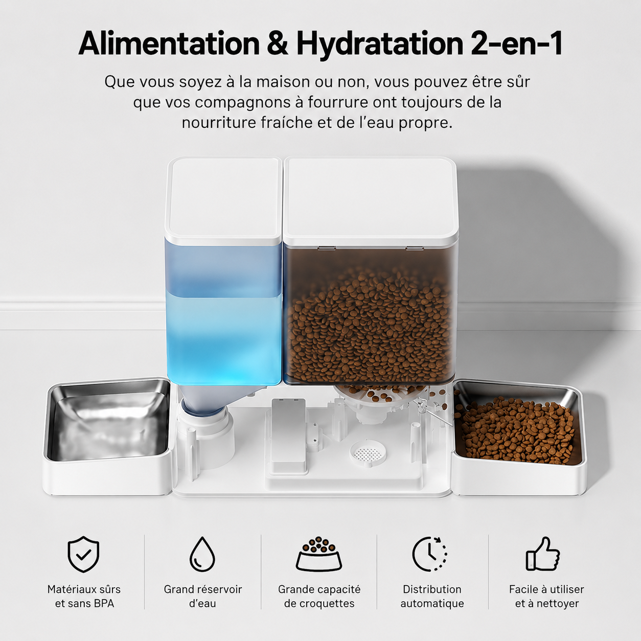 Distributeur 2-en-1 WiFi: bacs à croquettes, réservoir d’eau bleu et bols métal.
