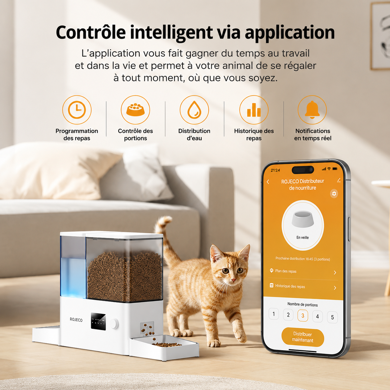 Distributeur automatique WiFi avec façade blanche et application sur smartphone, contrôle facile.