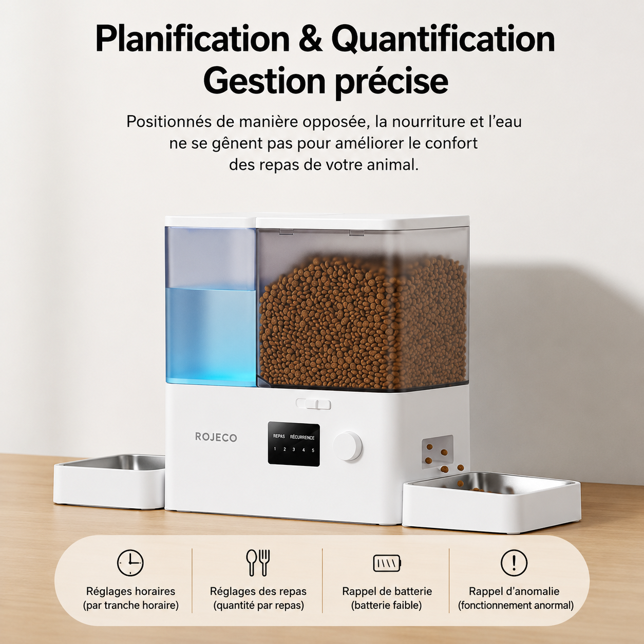 Distributeur automatique 2-en-1, conteneur transparent à croquettes et bacs latéraux.