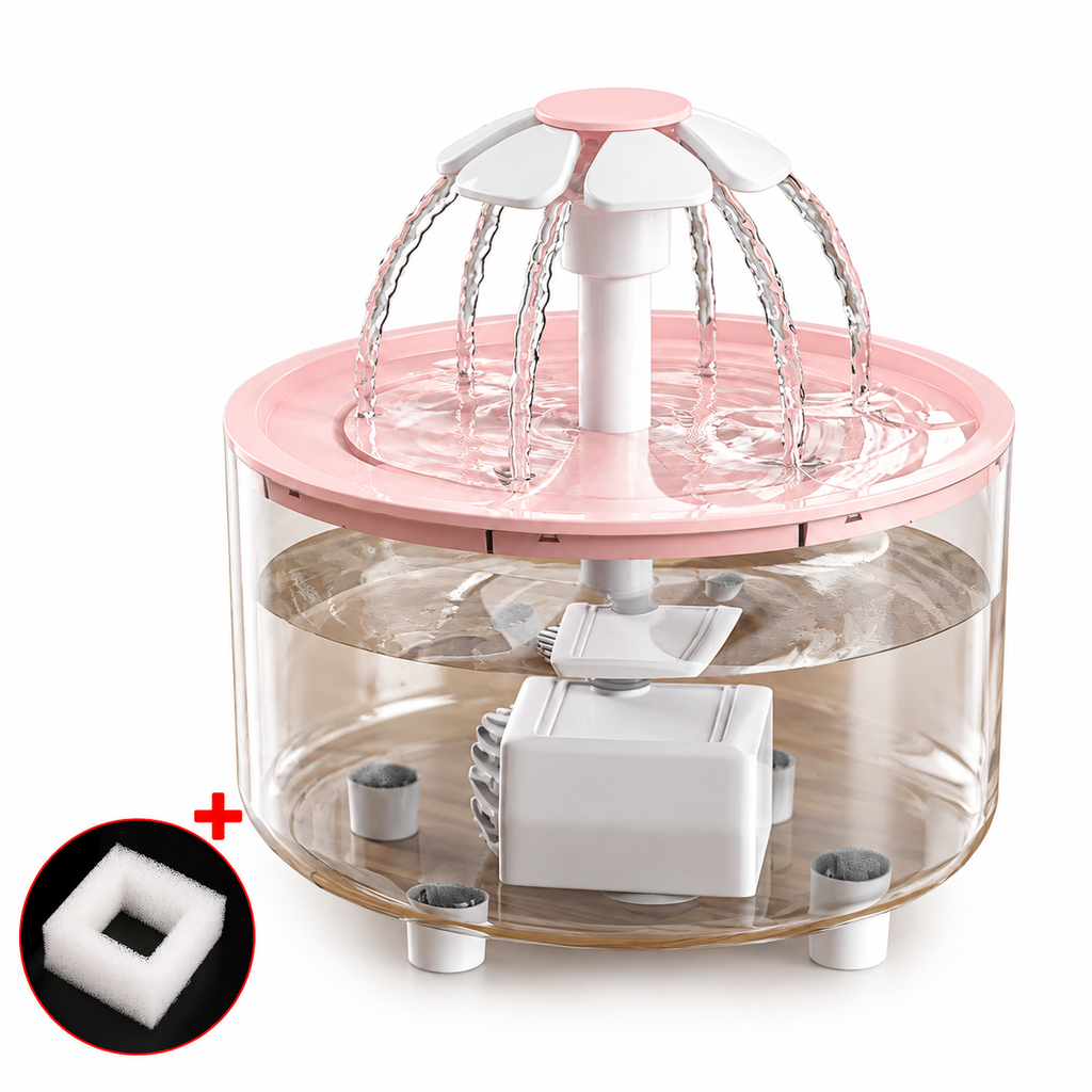 Fontaine à eau filtrante pour chat rose, vue interne et filtre dans le réservoir