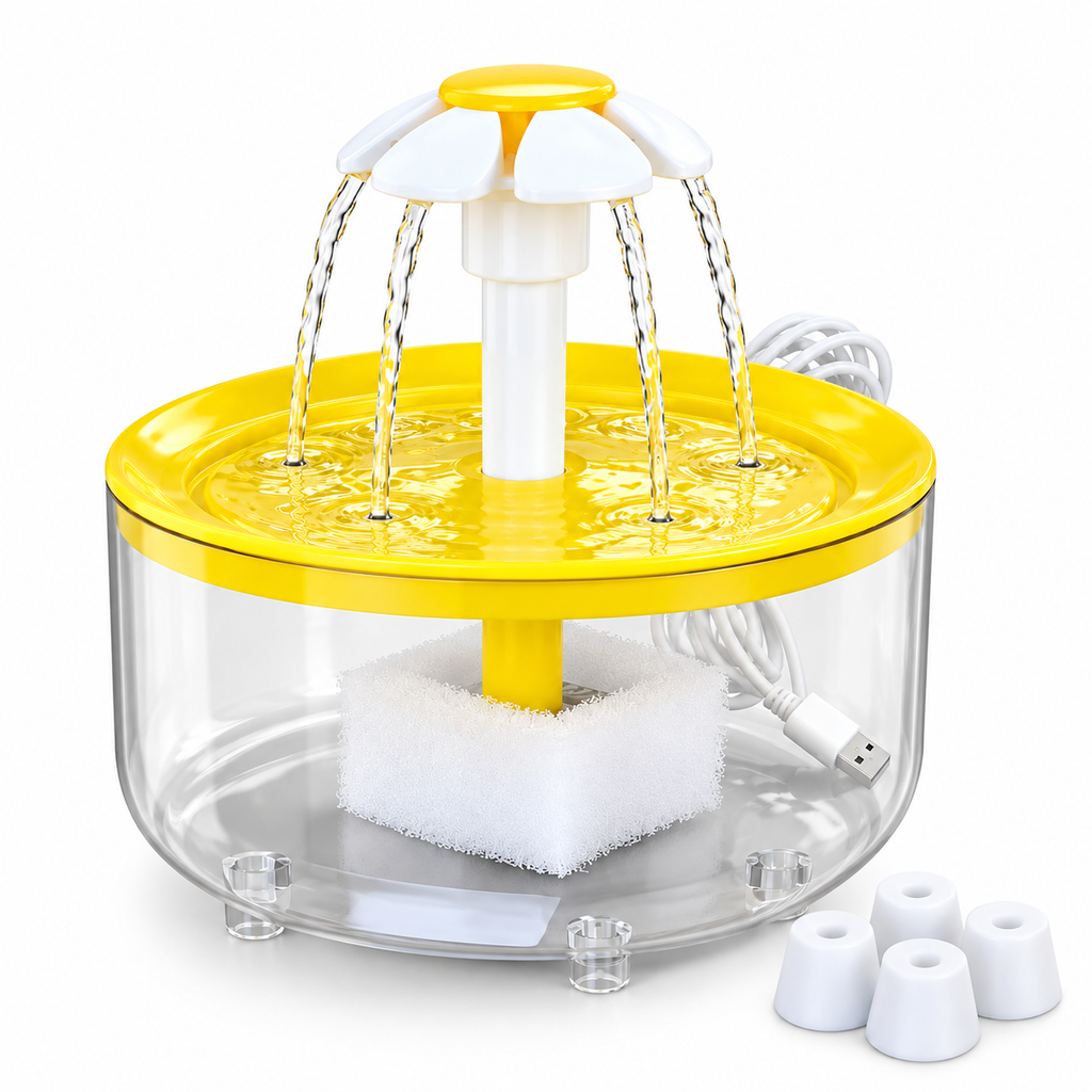 Fontaine à eau filtrante pour chat jaune avec pompe et accessoires blancs