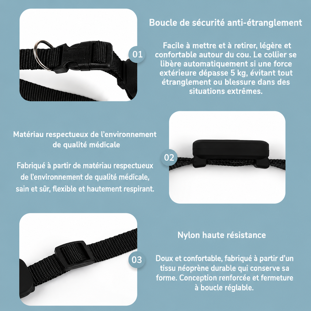 Collier de suivi GPS noir, boucle anti-étranglement et sangle en nylon