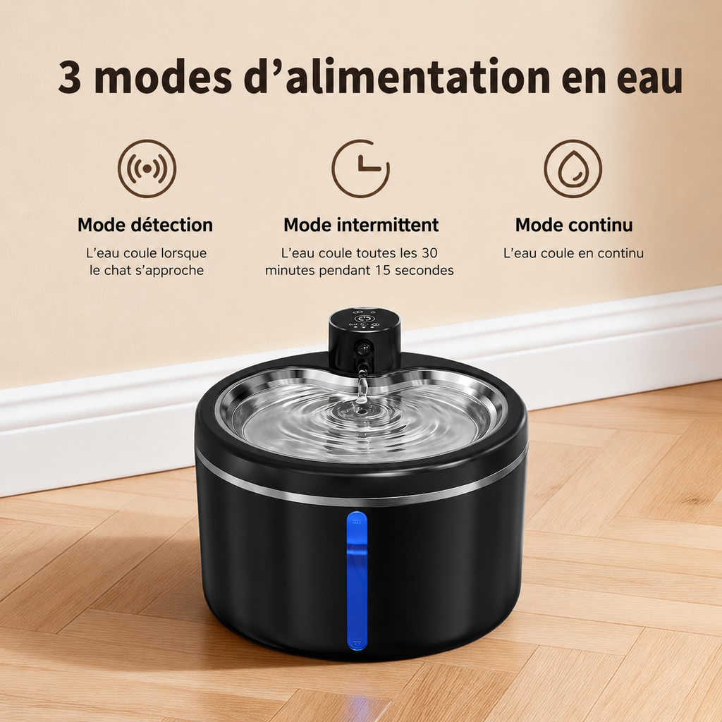 Fontaine à eau sans fil pour chat noire avec jet central dans un bol en inox