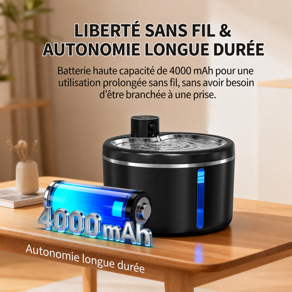 Fontaine à eau sans fil pour chat noire avec barre lumineuse bleue sur le réservoir