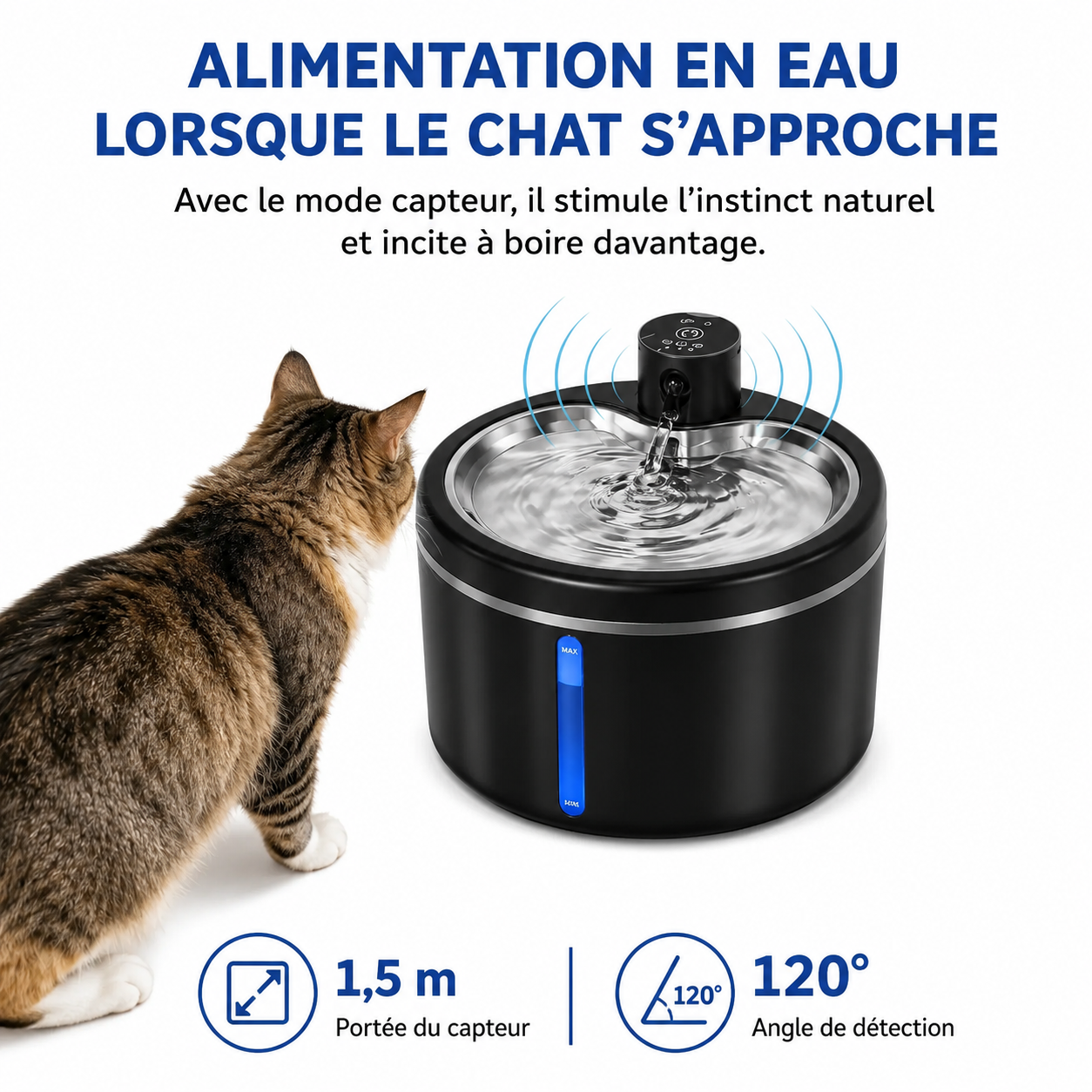 Fontaine à eau sans fil pour chat noire avec capteur et chat buvant au bord