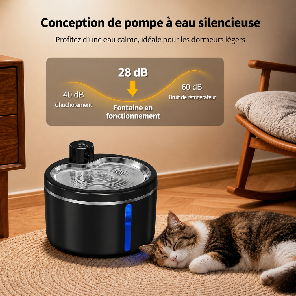 Fontaine à eau sans fil pour chat noire près d’un chat allongé sur un tapis