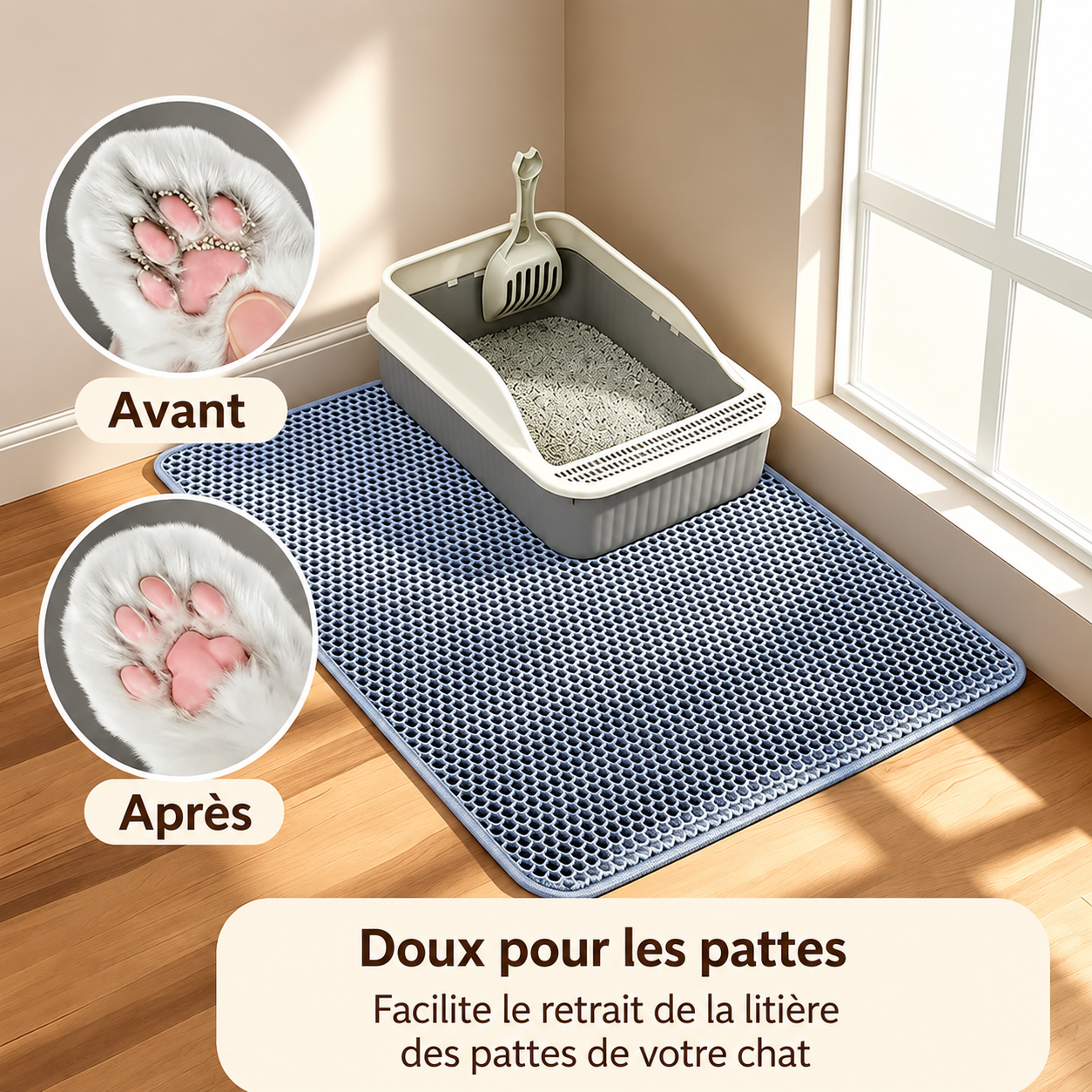 Tapis de litière double couche antidérapant bleu à picots, pour retenir la litière.