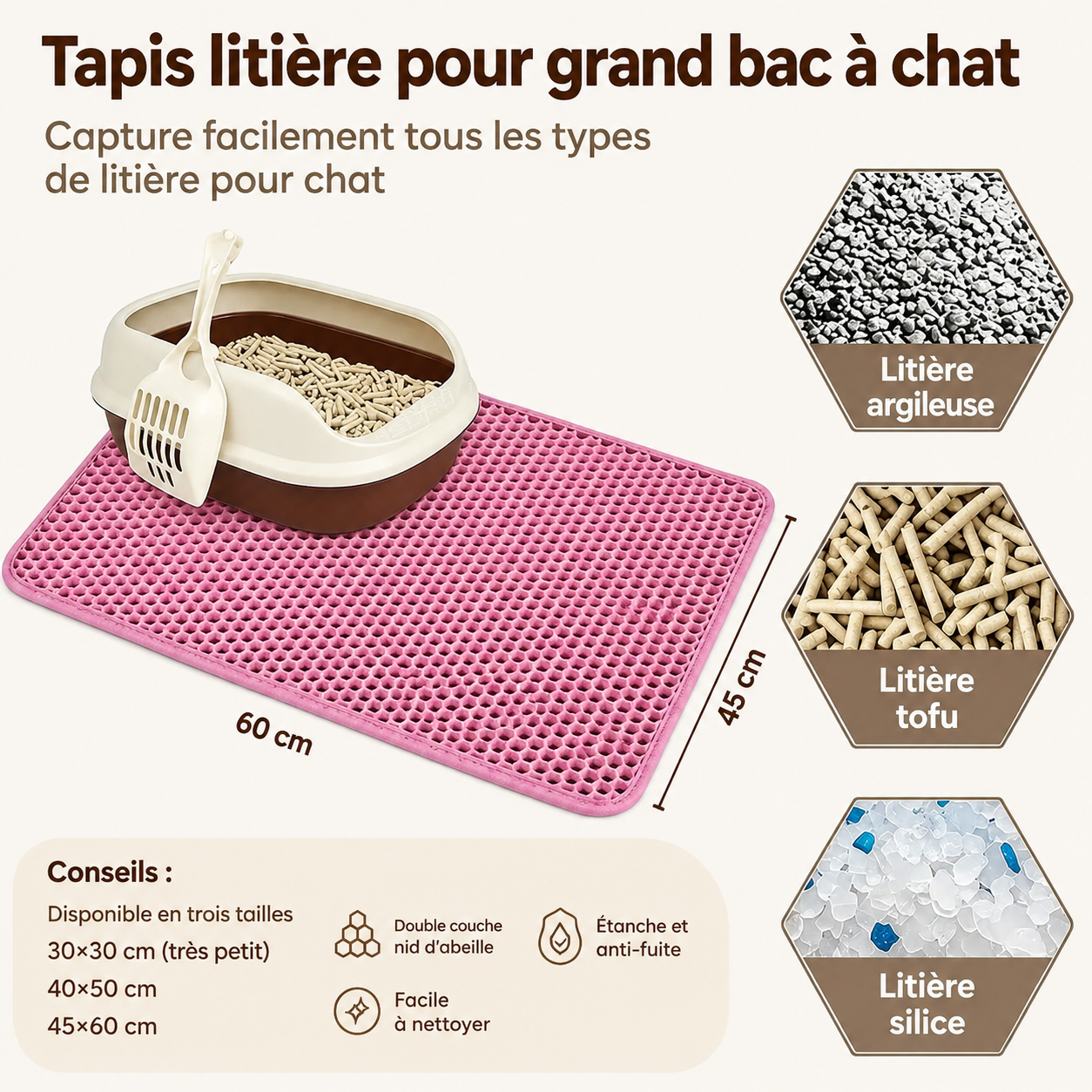 Tapis de litière double couche antidérapant rose, motif alvéolé, pour grand bac.