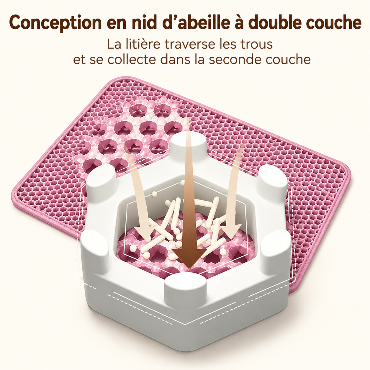 Tapis de litière rose à double couche, texture nid d’abeille visible.
