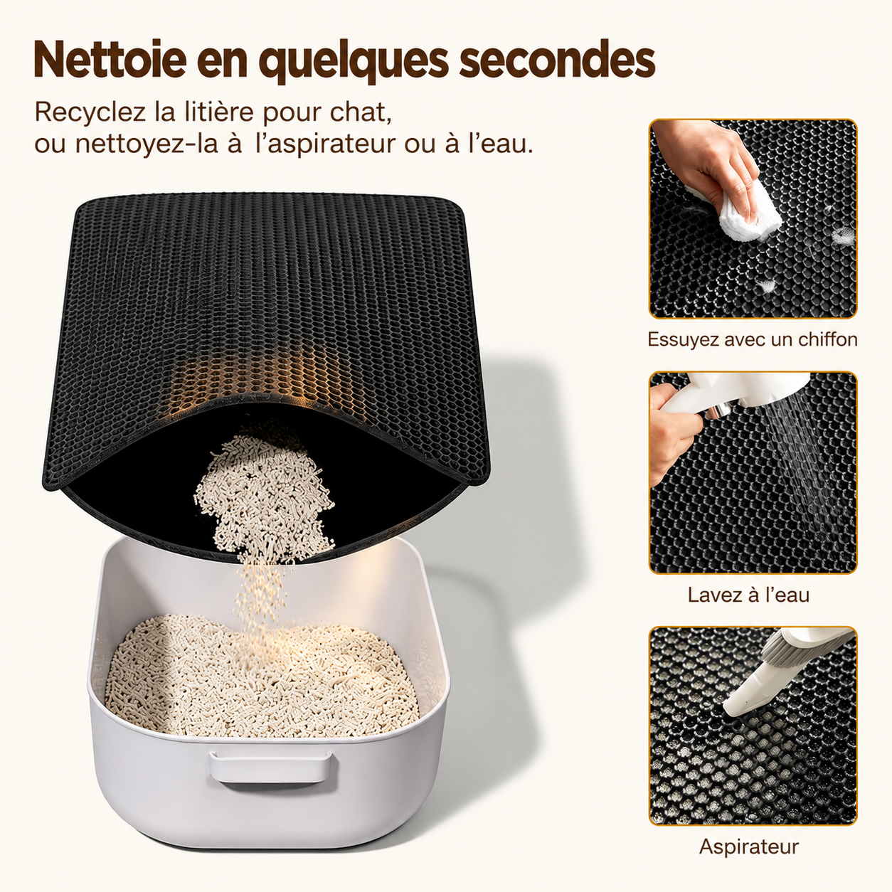Tapis de litière antidérapant noir à picots, se nettoie à l’aspirateur ou à l’eau.