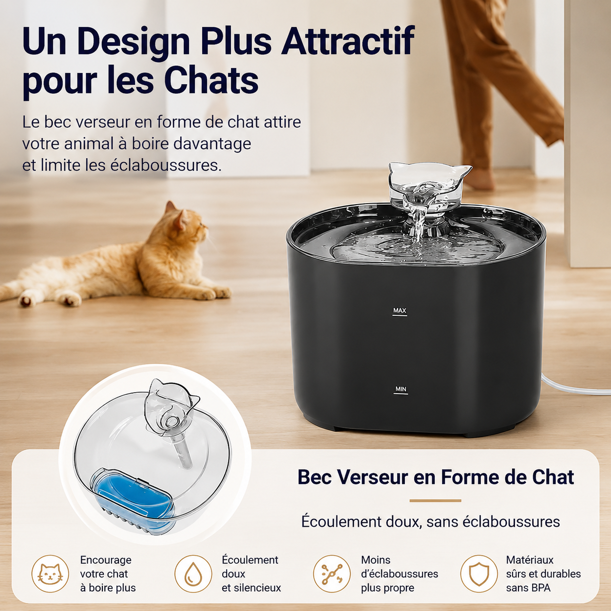 Fontaine à eau silencieuse pour chats noire, bec verseur en forme de chat et couvercle rond