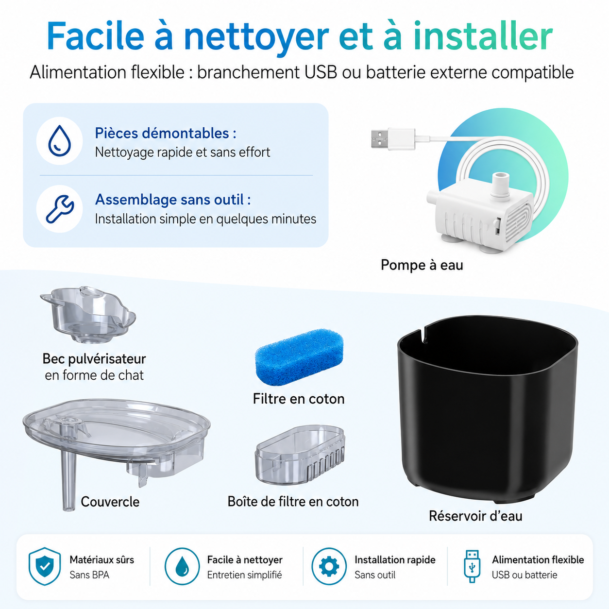 Fontaine à eau silencieuse pour chats : réservoir noir, pompe, couvercle et filtres en coton