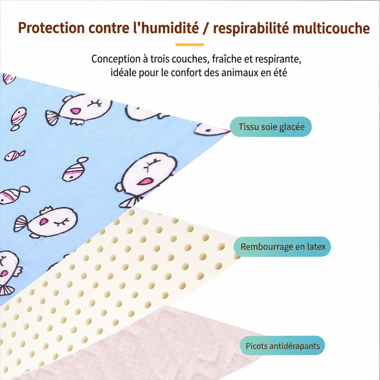 Coussin rafraîchissant bleu clair à motifs d’animaux, vue sur la matière et le rembourrage