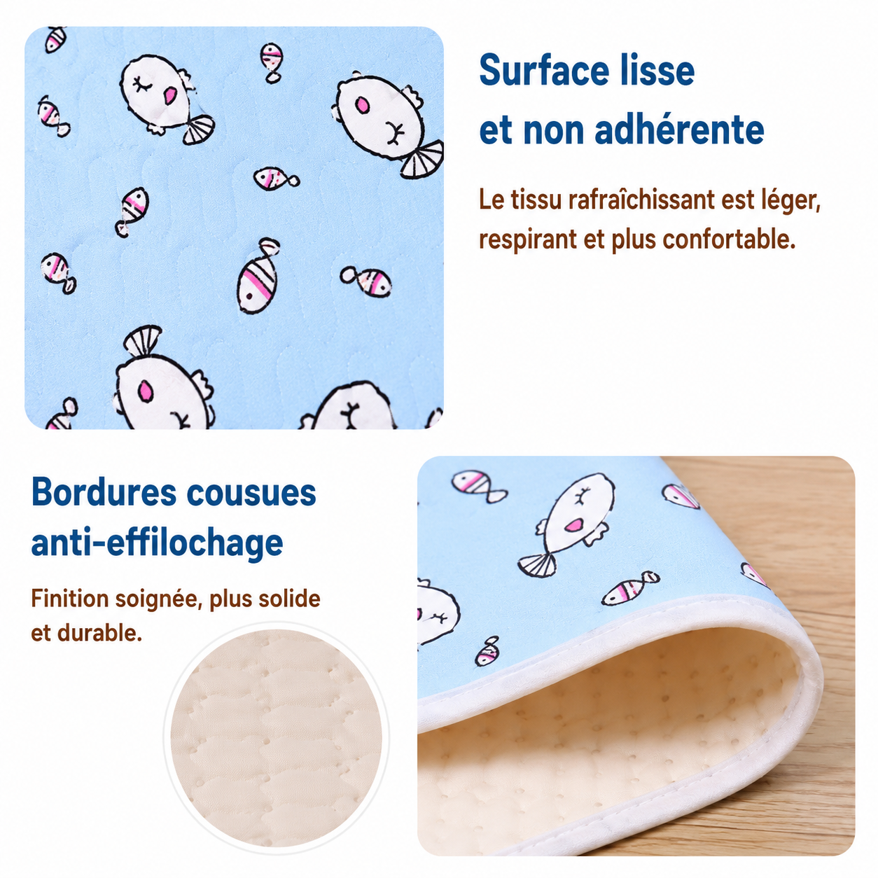 Coussin rafraîchissant bleu clair à motifs, bords cousus, surface lisse non adhérente