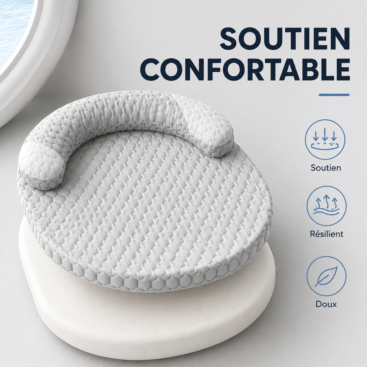 Coussin cervical rond, dessus en relief quadrillé gris, base blanche