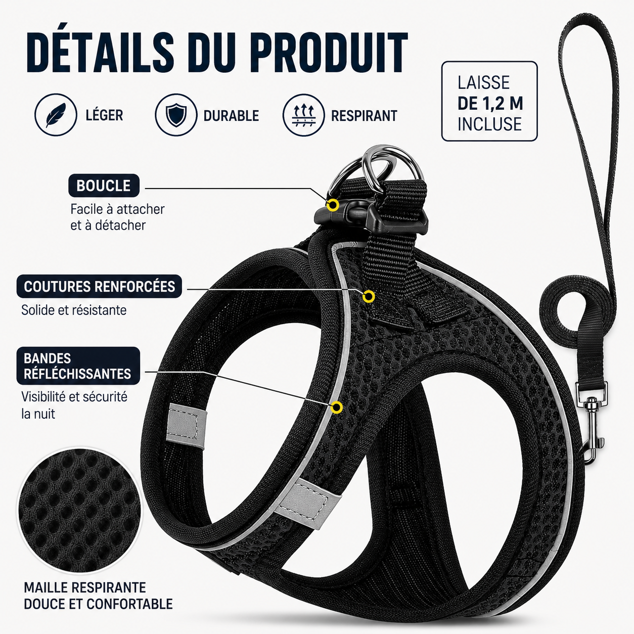 Harnais en maille respirante noire avec bandes réfléchissantes et laisse intégrée