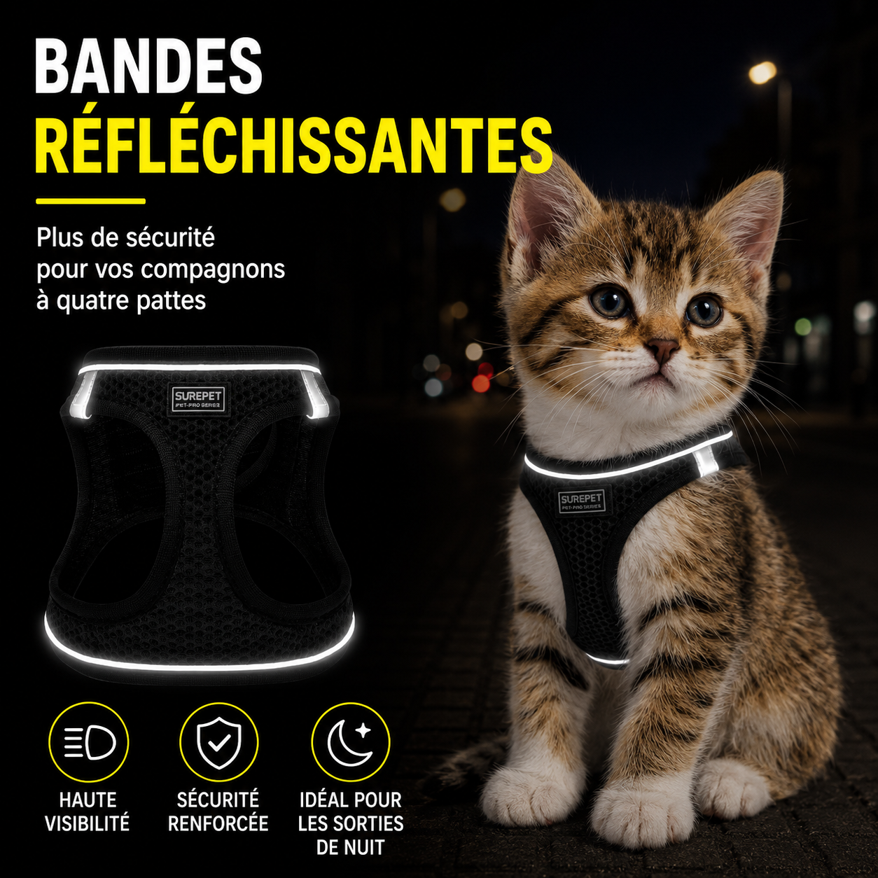 Harnais noir à bandes réfléchissantes pour chat, ajusté autour du poitrail