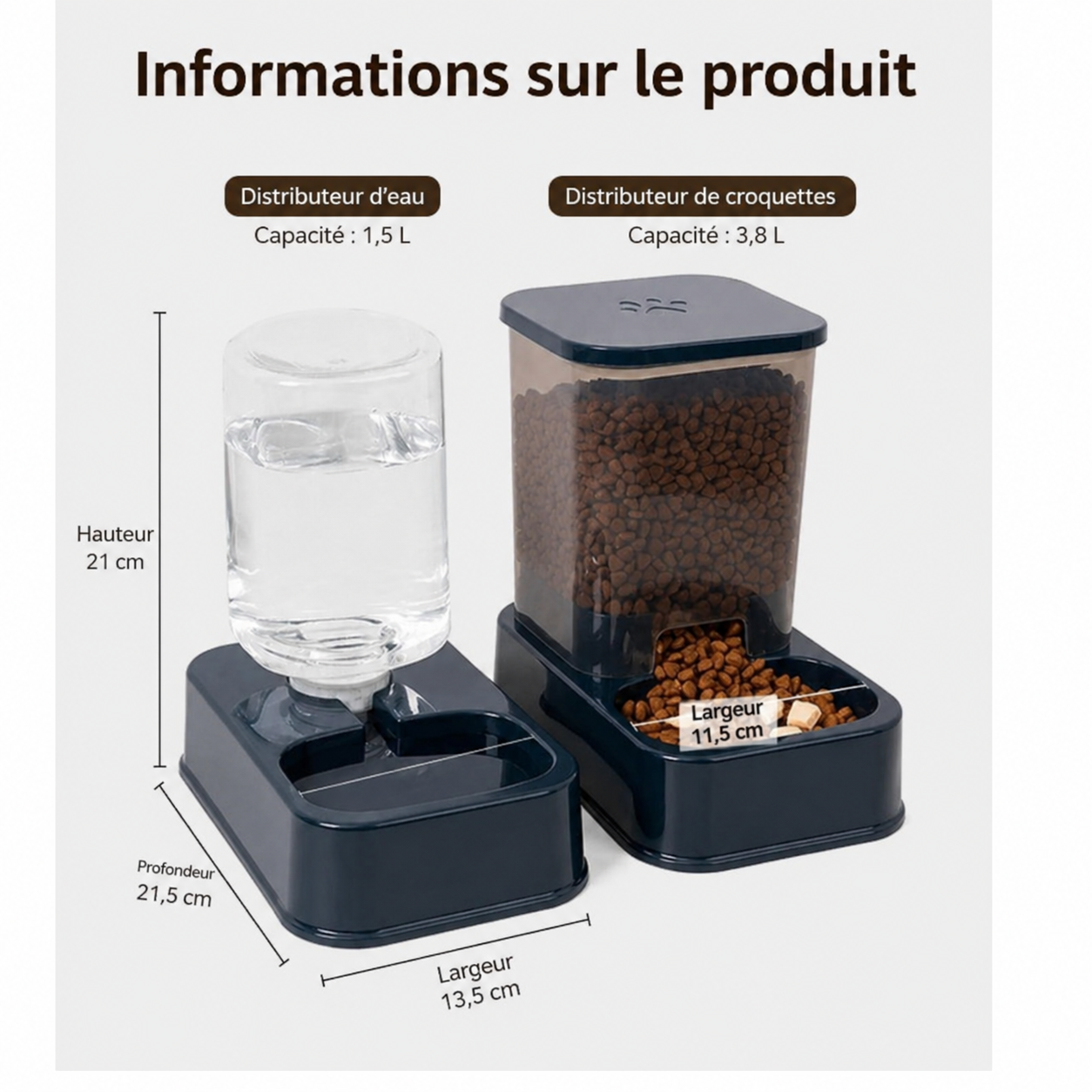 Distributeur automatique pour animaux : bocal d’eau transparent et trémie de croquettes