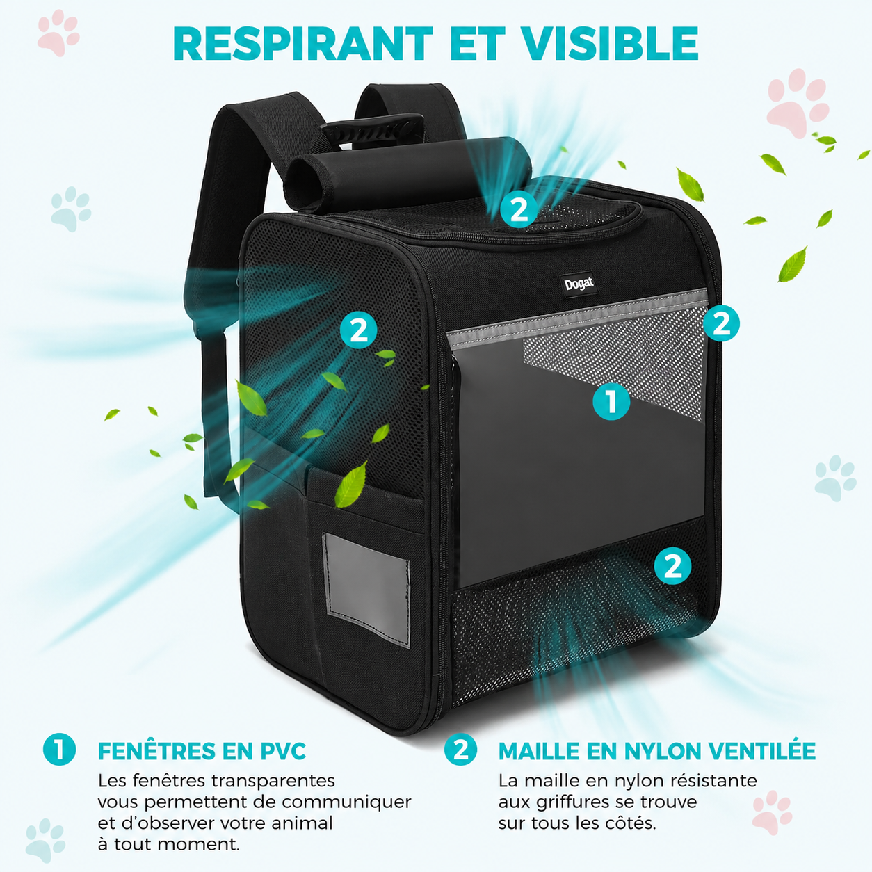 Sac à dos de transport noir avec fenêtre PVC et maille de ventilation sur les côtés.