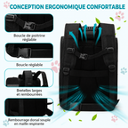 Sac à dos de transport noir : bretelles rembourrées et dos respirant en maille.
