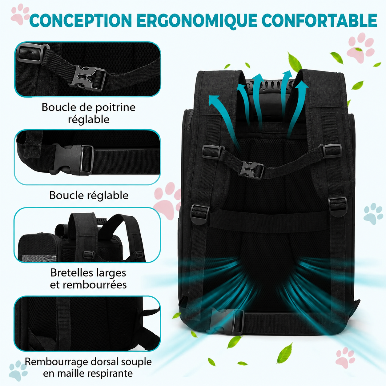 Sac à dos de transport noir : bretelles rembourrées et dos respirant en maille.