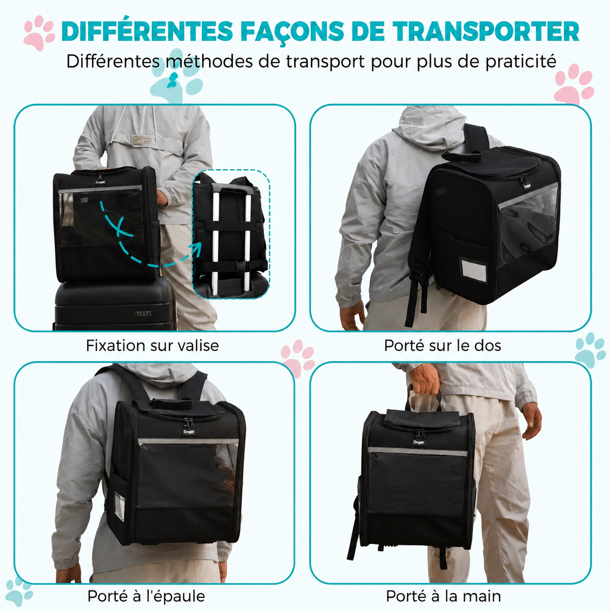 Sac à dos de transport noir avec options de port : sur le dos, à l’épaule et à la main.