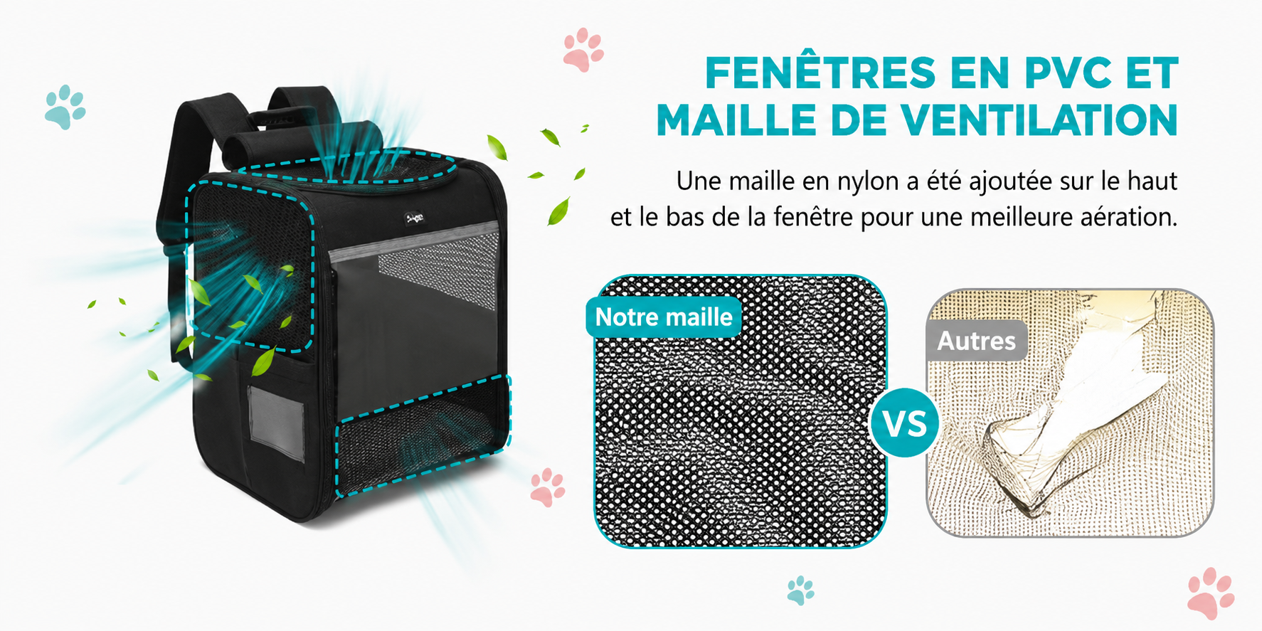 Sac à dos de transport noir avec fenêtres en PVC et maille de ventilation haute.