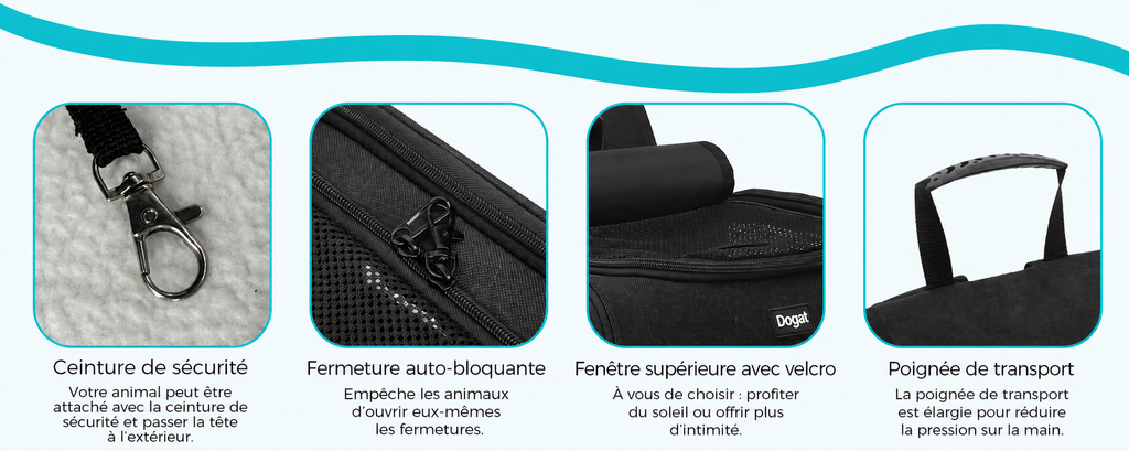 Sac à dos de transport : détails de sécurité, fermeture et sangle de transport renforcée.