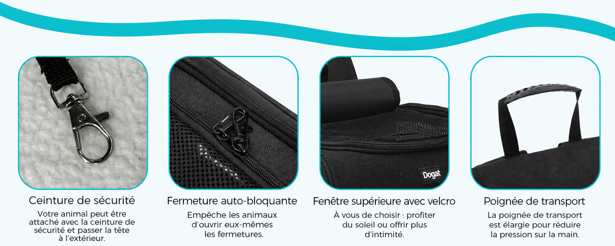 Sac à dos de transport : détails de sécurité, fermeture et sangle de transport renforcée.