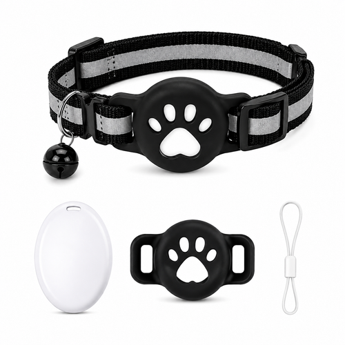 Collier noir pour chat avec patte blanche, sangle réglable et clochette