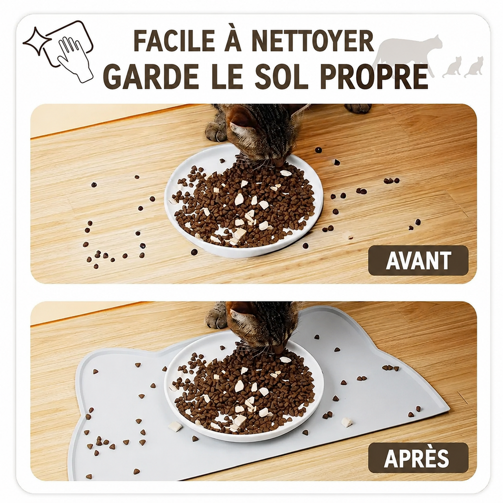 Tapis de gamelle pour chat facile à nettoyer, gardant le sol propre des croquettes renversées, avec comparaison avant et après.
