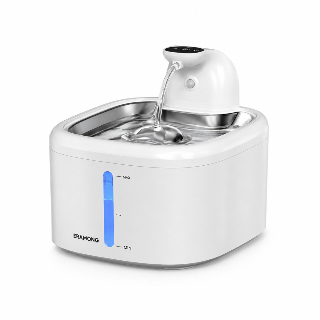 Fontaine à eau automatique blanche pour chat avec bac en acier inoxydable, capteur intégré et indicateur de niveau d’eau.