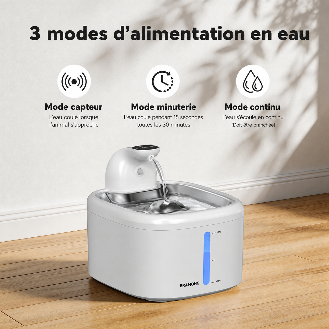 Fontaine à eau automatique pour chat présentant 3 modes d’alimentation en eau : mode capteur, mode minuterie et mode continu.