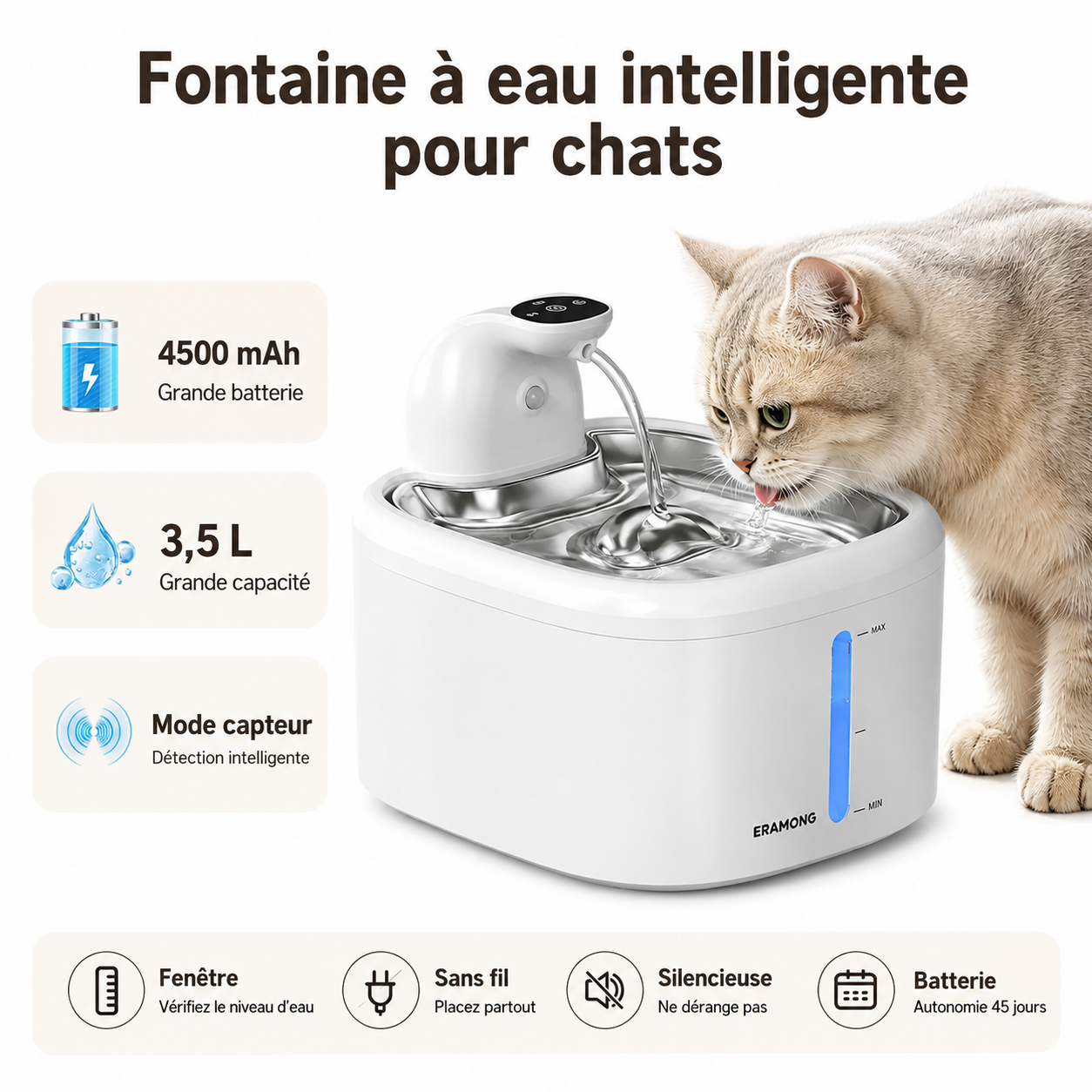 Fontaine à eau intelligente sans fil pour chat de 3,5 L avec batterie 4 500 mAh, mode capteur, fonctionnement silencieux et indicateur de niveau d’eau.
