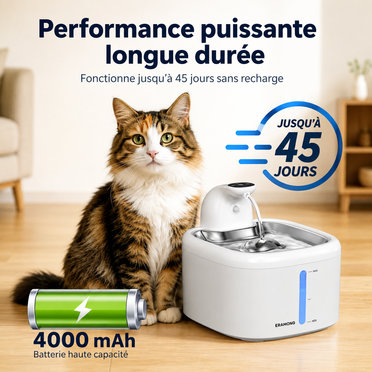 Fontaine à eau sans fil pour chat avec batterie de 4 000 mAh, autonomie jusqu’à 45 jours et indicateur de niveau d’eau.