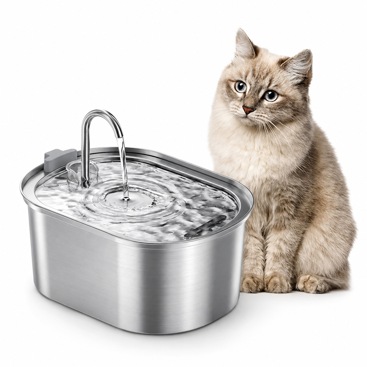 Fontaine à eau pour chat en acier inoxydable avec jet d’eau et chat à proximité