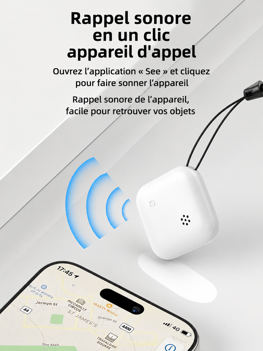 Tracker GPS blanc avec fonction de rappel sonore, illustré avec des ondes sonores bleues et un smartphone affichant une carte de localisation