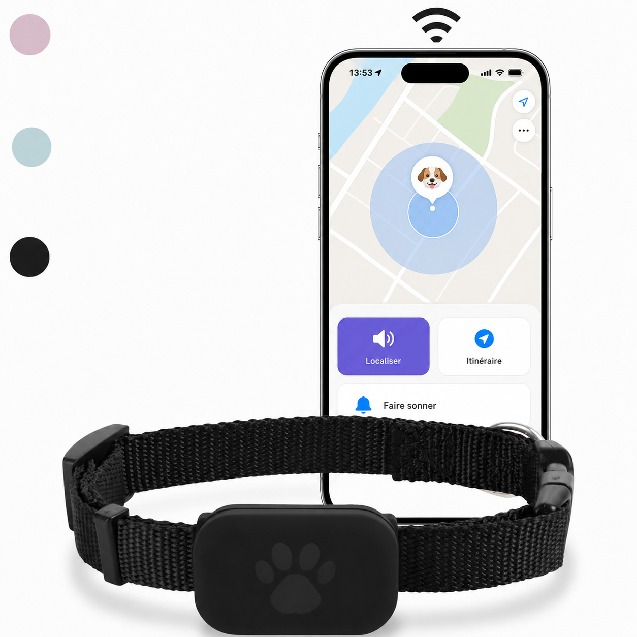 Collier traceur pour chat noir : boîtier compact motif patte, sangle réglable