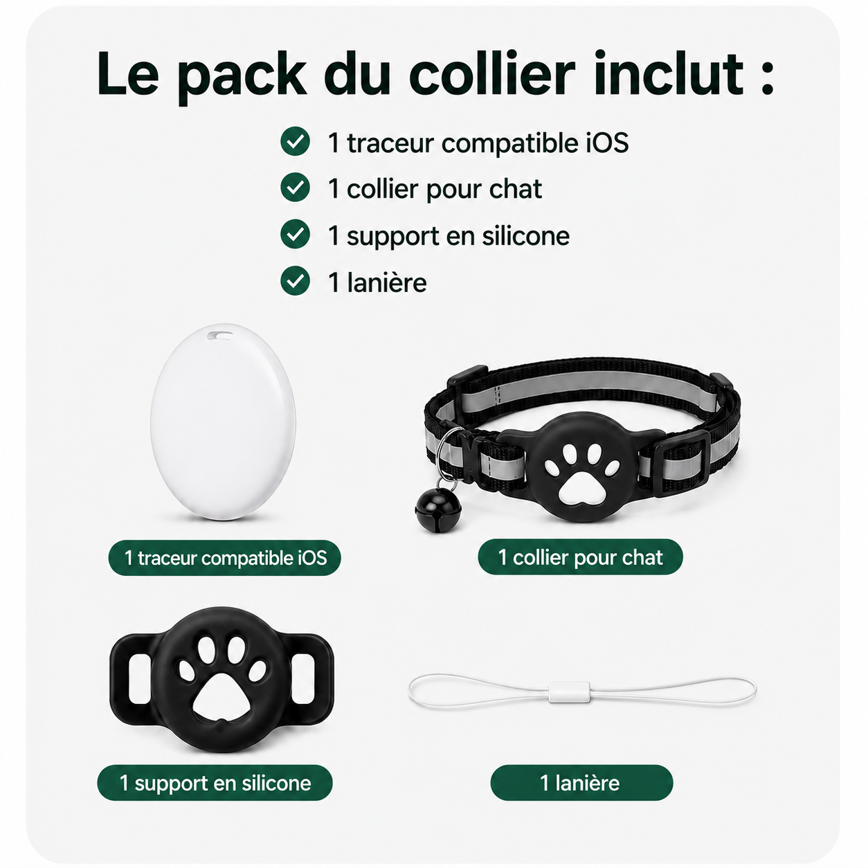 Pack collier chat noir : traceur GPS compatible iOS, support silicone et sangle