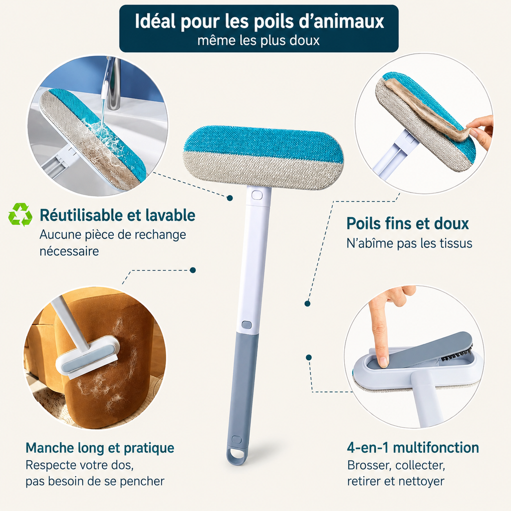 Brosse anti-poils à tête bleu et poils doux, manche long