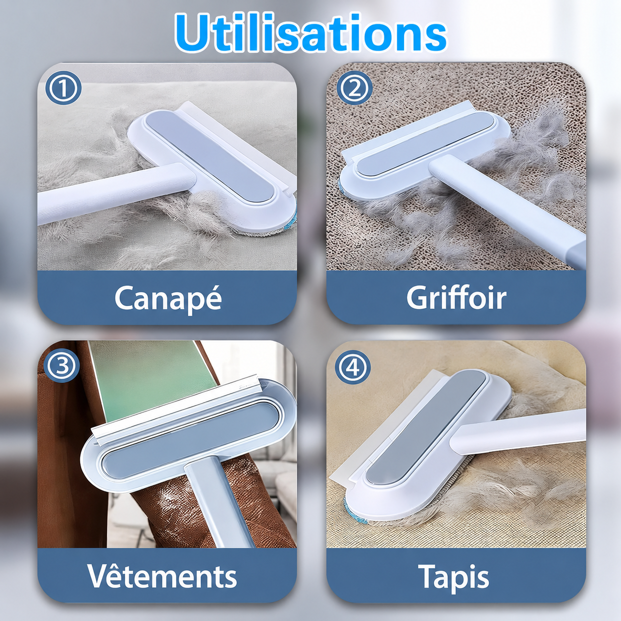 Brosse anti-poils à tête étroite, poils visibles et manche long